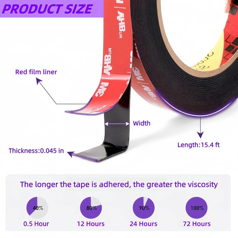 Gasenvan Double Sided Tape Heavy Duty, Mounting Adhesive Tape 1/2 in x 15.4 ft, Waterproof Adhesive Strip Tape for Indoor & Outdoor, Automotive Trim, Garage,LED Strip Lights, Home Decor - Image 2